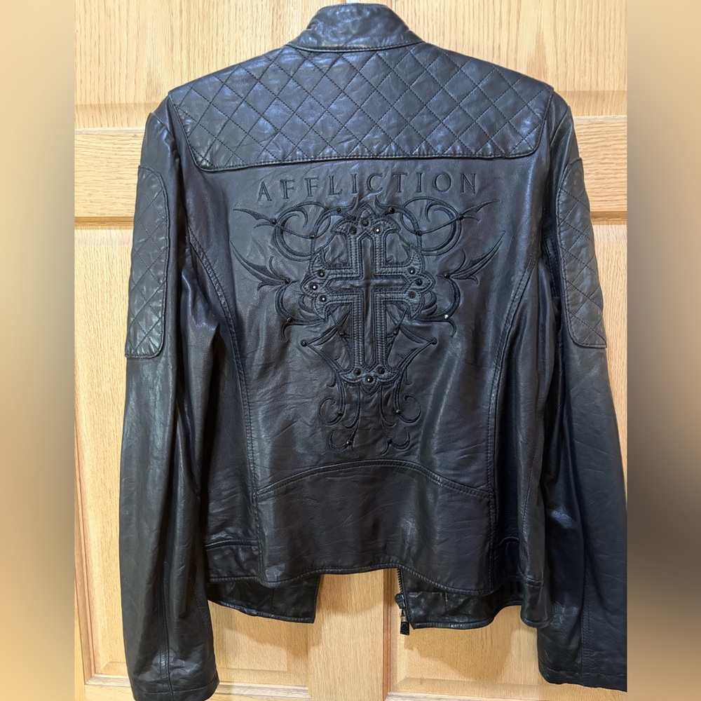 Affliction limited edition Leather Jacket with Embroidered Cross